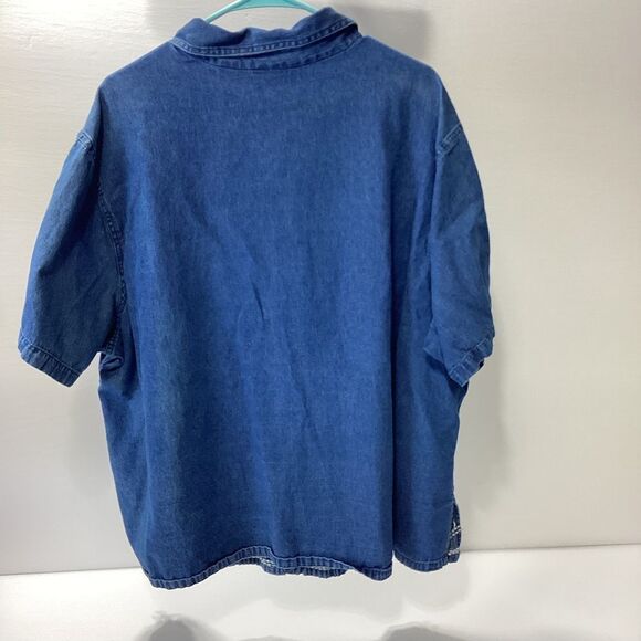 Vintage CST Blues Blue Denim Button-Up Shirt with Floral Embroidery Shells 3X - Picture 3 of 8